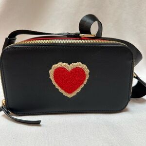 Elegant Black Crossbody Bag with Red Heart Embroidery